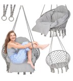Leagan Tip cuib, Rotund, Suspendat, cu perna XXL si spatar, Pentru Casa Sau Gradina, gri, 120 kg