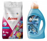 Cumpara ieftin Detergent pudra pentru rufe colorate Active, sac 5kg, 68 spalari + Balsam de rufe Active Magic Blue, 1.5 litri, 60 spalari