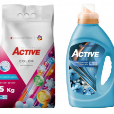 Detergent pudra pentru rufe colorate Active, sac 5kg, 68 spalari + Balsam de rufe Active Magic Blue, 1.5 litri, 60 spalari