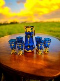 Set carafă cu 6 pahare albastre din sticlă
