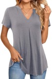 Tricou pentru femei cu guler &icirc;n V, bluză tunica solidă, m&acirc;neci scurte, bluze elegante, tricou simplu, larg, de bază