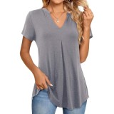 Tricou pentru femei cu guler &icirc;n V, bluză tunica solidă, m&acirc;neci scurte, bluze elegante, tricou simplu, larg, de bază