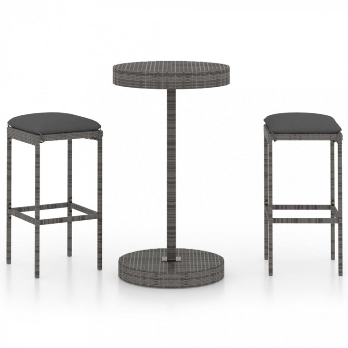 Set mobilier bar de gradina, cu perne, 3 piese, gri, poliratan