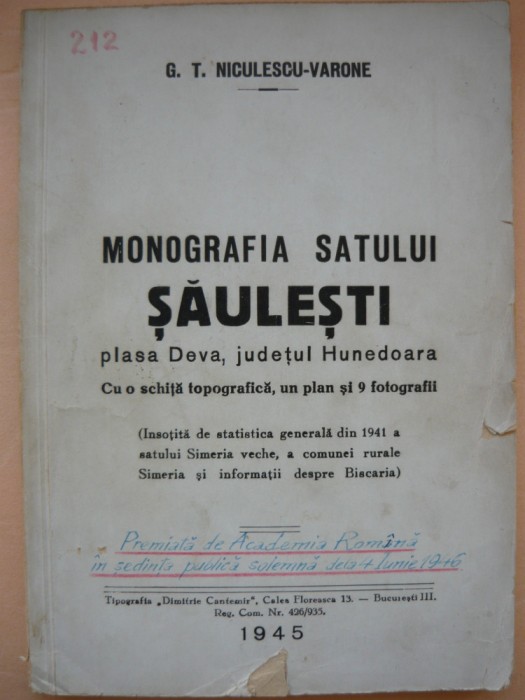 G. T. NICULESCU-VARONE - MONOGRAFIA SATULUI SAULESTI - 1945