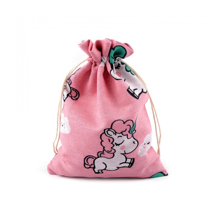 Saculet bumbac pentru cadouri, 17 x 22 cm imprimeu Unicorn roz