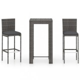 vidaXL Set mobilier bar de exterior cu perne, 3 piese, gri, poliratan