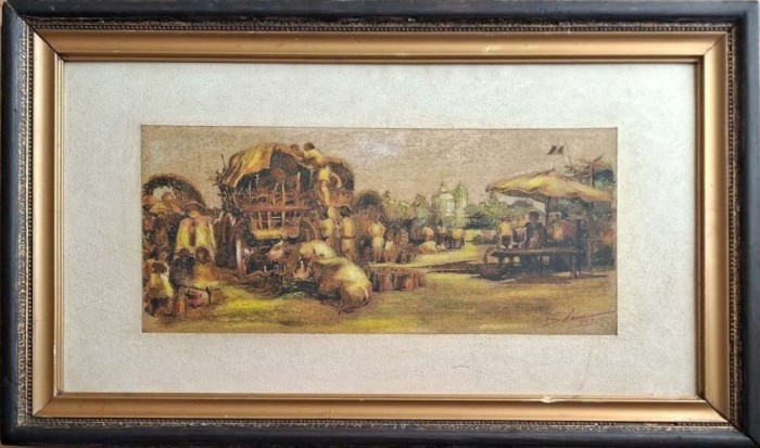 Al. Stoia-T&acirc;rgul Moşilor, tehnică mixtă, datare 1903, raritate (reproducere după A. Preziosi)