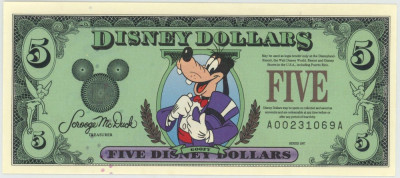 DISNEYLAND █ bancnota █ 5 Disney Dollars █ 1997 █ Goofy █ UNC █ necirculata foto