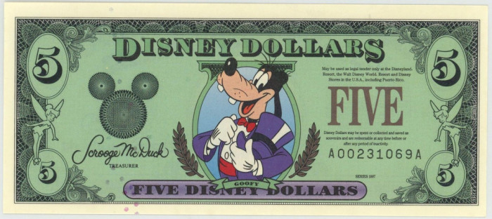 DISNEYLAND █ bancnota █ 5 Disney Dollars █ 1997 █ Goofy █ UNC █ necirculata