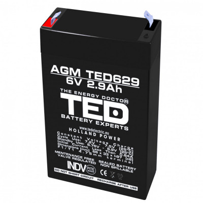 Acumulator AGM VRLA 6V 2,9A dimensiuni 65mm x 33mm x h 99mm F1 TED Battery Expert Holland TED002877 (20) SafetyGuard Surveillance foto