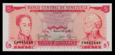 VENEZUELA █ bancnota █ 5 Bolivares █ 1974 █ P-50h █ UNC █ necirculata foto