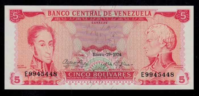 VENEZUELA █ bancnota █ 5 Bolivares █ 1974 █ P-50h █ UNC █ necirculata