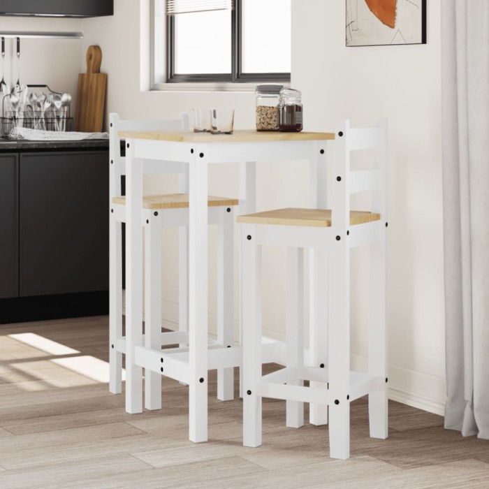 vidaXL Set mobilier de bar, 3 piese, alb, lemn masiv de pin