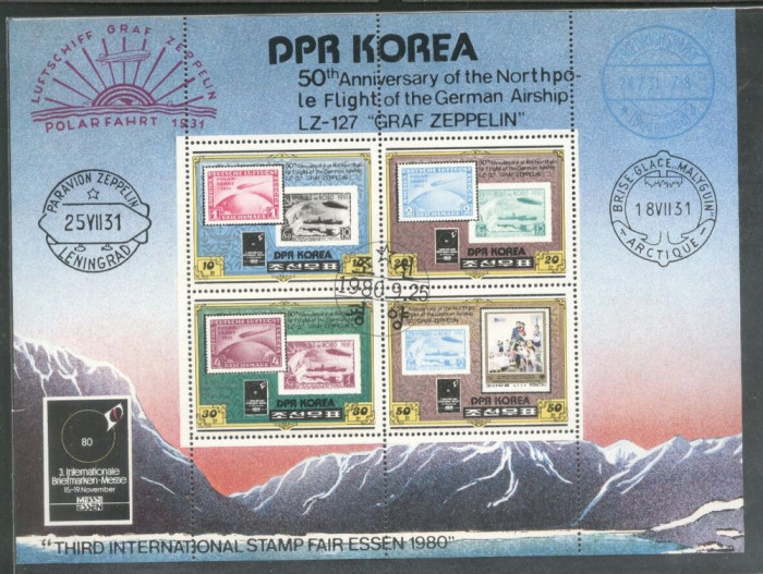 Korea 1980 Zeppelins, stamp on stamp, perf. sheetlet, used G.388