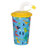 Pahar Plastic Dinozaur, Capac Galben, Capacitate 400ml, Multicolor, Oem