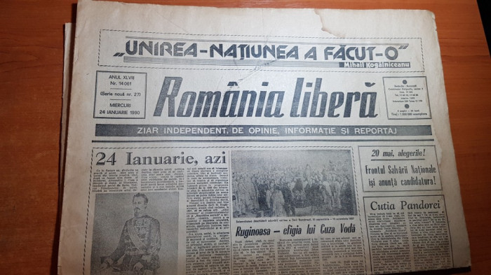 ziarul romania libera 24 ianuarie 1990-sarbatoarea unirii lui cuza