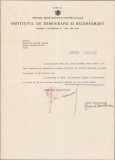 A1559 Semnătură olografă Sabin Manuilă, notă către Lucian Bolcaș, 1934, antet Institutul de Demografie și Recensăm&acirc;nt