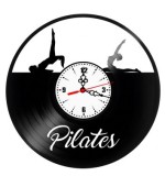 Ceas de perete din disc vinil, Tematică Pilates / Yoga, Design Fitness cu Siluete, Negru, 30 cm