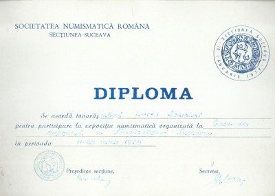 AMS# - DIPLOMA PENTRU PARTICIPARE LA EXPOZITIA NUMISMATICA SUCEAVA, 1978 foto