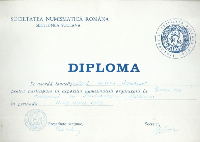 AMS# - DIPLOMA PENTRU PARTICIPARE LA EXPOZITIA NUMISMATICA SUCEAVA, 1978