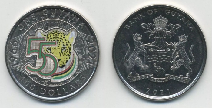 GUYANA █ MONEDE COMEMORATIV █ 100 Dollars █ 2021 █ 55 DE ANI DE INDEPENDENȚĂ UNC
