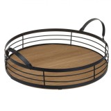 Tavă Servire, Rotundă, Lemn, 30x6cm, M&acirc;nere Metalice, Bej-Maro, Negru, Oem