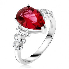 Inel argint 925 - ştras roşu în formă de lacrimă, săgeţi de zirconiu transparent - Marime inel: 58