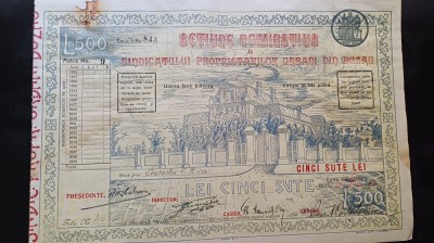 Actiune nominativa a sindicatului proprietarilor urbani din Buzau-500 LEI-1920 foto