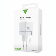 Incarcator iPhone 6s, 6, 5SE, 5S, 5, 5c Travel Charger 2.4A Dual USB with Lightning Cable,Vetter,Alb foto