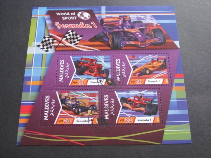Maldive 2015 Bloc de Timbre Poștale &ndash; Formula 1, 4 modele de monoposturi, MVR 20, obliterat