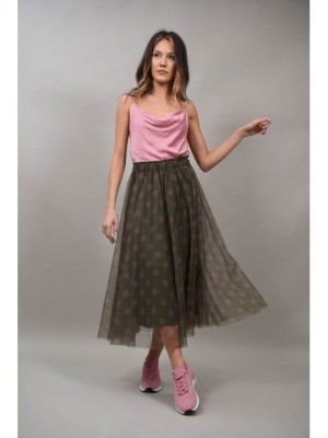 FUSTA LUNGA TUL CU ELASTIC IN TALIE SPLENDIDO TALIE UNICA Kaki foto