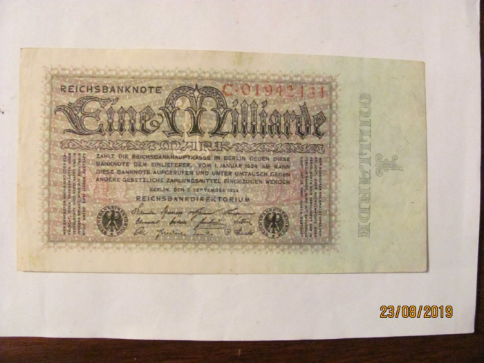 CY - 1000000000 1 miliard marci mark 05.09.1923 Reichsbanknote Germania unifata