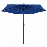 VidaXL Umbrelă de soare cu LED-uri, st&acirc;lp din aluminiu, azuriu, 270 cm