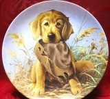 FARFURIE DECORATIVA PORTELAN KNOWLES AMERICA BRADEX EDITIE LIMITATA CAINE VANATOARE LABRADOR GOLDEN RETRIEVER 22 CM