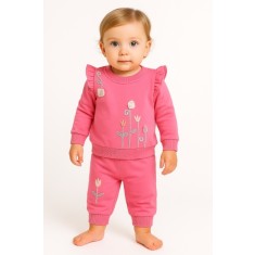 Set brodat cu flori 3D pentru fetite &ndash; bumbac 100% - ROZ (Marime Disponibila: 2