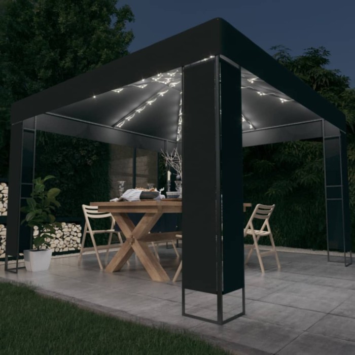 Pavilion cu acoperiș dublu &amp; lumini LED, antracit, 3x3 m