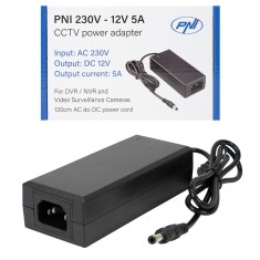 Alimentator PNI CCTV 230V, intrare 230V, iesire 12V, 5A, 2 metri, negru