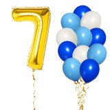 Set 13 Baloane Aniversare 7 Ani Baiat Albastru Auriu Ropet: 1 Balon Folie Cifra 81cm + 12 Latex 30cm - Decor Petrecere Copii