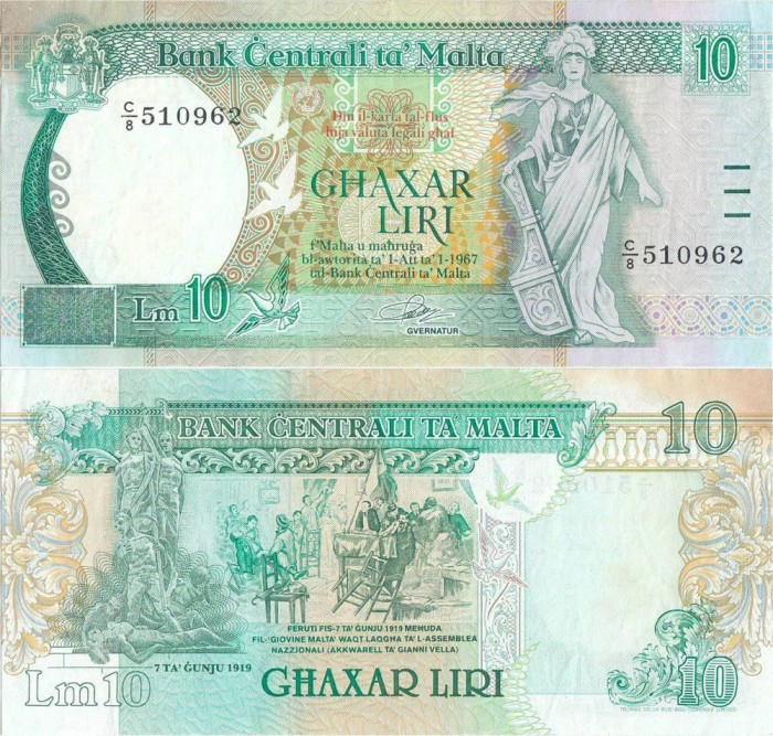 1989, 10 Liri (P-43) - Malta - stare XF