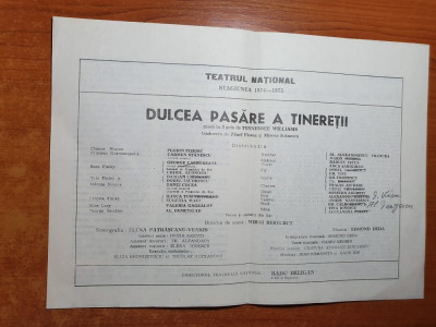 program teatrul national stagiunea 1974-1975-dulcea pasare a tineretii-f.piersic foto