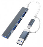 Hub Usb cu 4 Porturi si Multi-interface Adaptor Usb C Compatibil si cu Macbook, Telefoane Mobile, Inclusiv iPhone