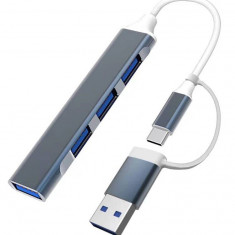 Hub Usb cu 4 Porturi si Multi-interface Adaptor Usb C Compatibil si cu Macbook, Telefoane Mobile, Inclusiv iPhone