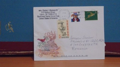 SUA - PLIC CU 3 TIMBRE SI CERB, IEPURE SI PASARE PE PLIC - 2000 - CIRCULAT . foto