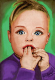 Inocenta - tempera pe carton, pictura baietel copil, originala semnata 27x39cm