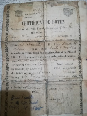 1926, Certificat botez Prundu ILFOV fam BURGUI biserica Sf. Dumitru foto