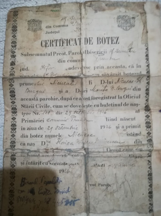 1926, Certificat botez Prundu ILFOV fam BURGUI biserica Sf. Dumitru