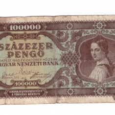 Bancnota Ungaria 100000 pengo 23 octombrie 1945, circulati, mici rupturi