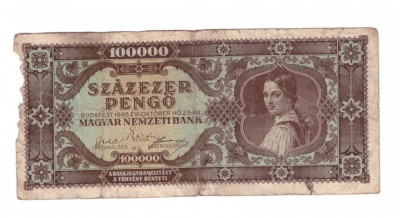Bancnota Ungaria 100000 pengo 23 octombrie 1945, circulati, mici rupturi foto