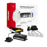 Set senzori de parcare AMiO pentru camera si display LCD, argintiu, 22mm, 12V, 40KHz, detectie 2.5-0.3m, universal pentru majoritatea autoturismelor