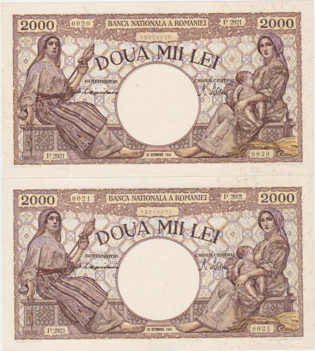 ROMANIA 2 x 2000 Lei 10 Octombrie 1944 &ndash; BNR &ndash; Pereche Consecutivă (0020&ndash;0021) &ndash; Ne&icirc;ntrerupte UNC